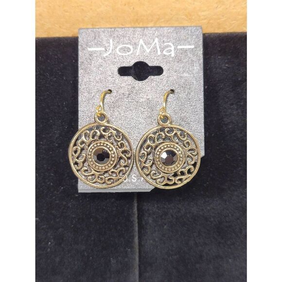 (3 for $15) JoMa Antiqued Goldtone Dangle Earrings w/ Black Australian Crystal- - Picture 1 of 4